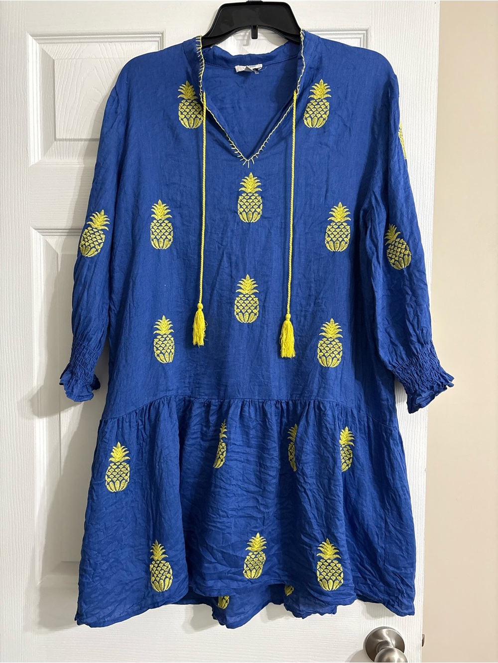 Tyler Boe Blue Tunic Dress with Yellow Pineapple Embroidery Size large